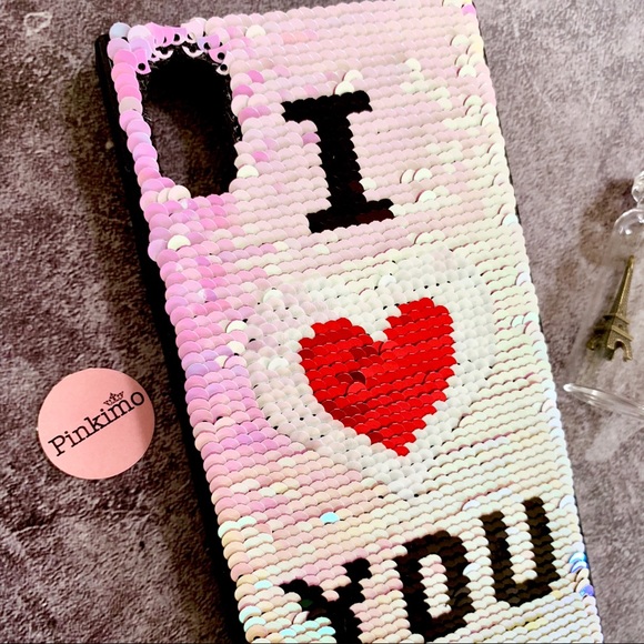 New iPhone XS/X Dual Side I ❤️ U Sequin Case - Picture 3 of 7